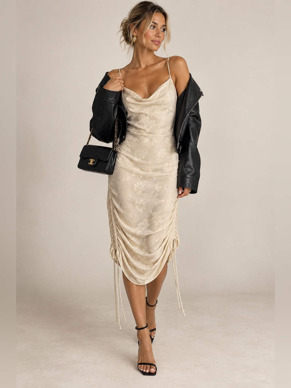 Aritzia Cream Floral Jacquard Cowl Midi Dress with Adjustable Ruched Sides